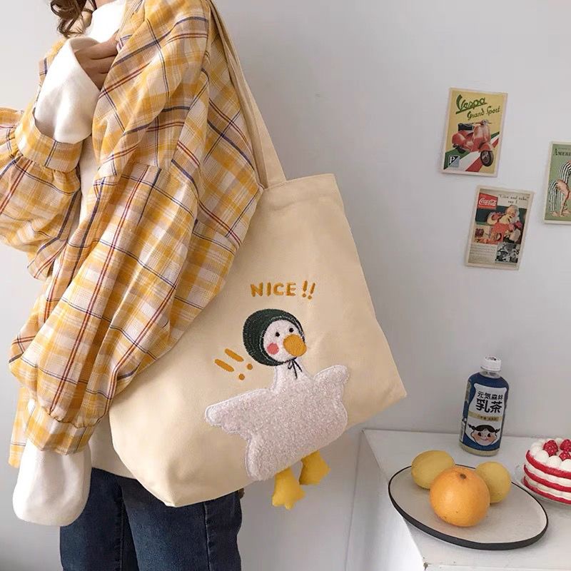 Túi Xách Canvas Thêu Họa Tiết Dễ Thương Kích Thước Lớn Thời Trang Cho Nữ