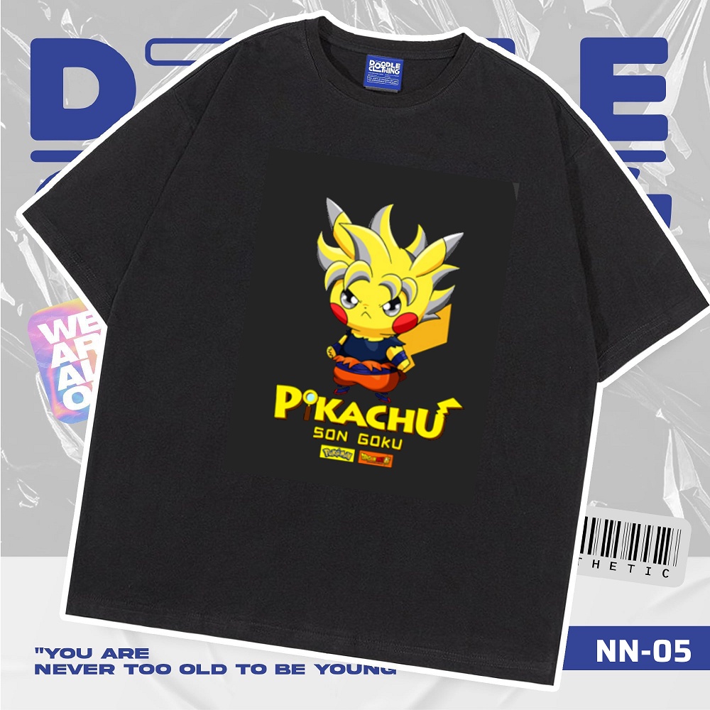 Áo thun nam nữ tay lỡ unisex oversize áo phông form rộng basic tee hình pikachu cosplay son goku