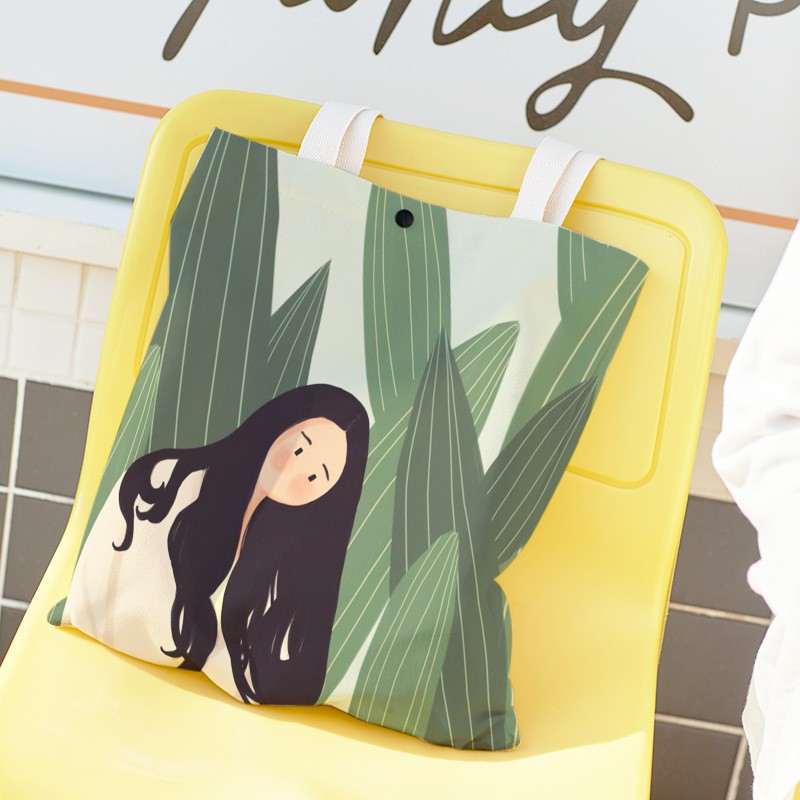 Túi Tote vải Canvas Cô gái Tóc Dài Dễ Thương trên Rừng Cây Xanh Mát