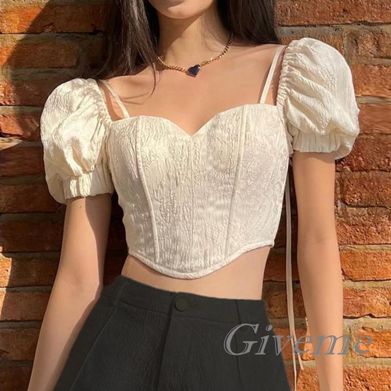 Áo Croptop Tay Phồng Ngắn Cổ Buộc Dây Thời Trang Cho Nữ
