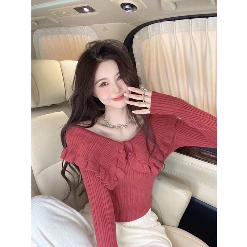 Wooden ear pure sweet doll collar knitted bottoming shirt women's spring 2022 new sweater jacket