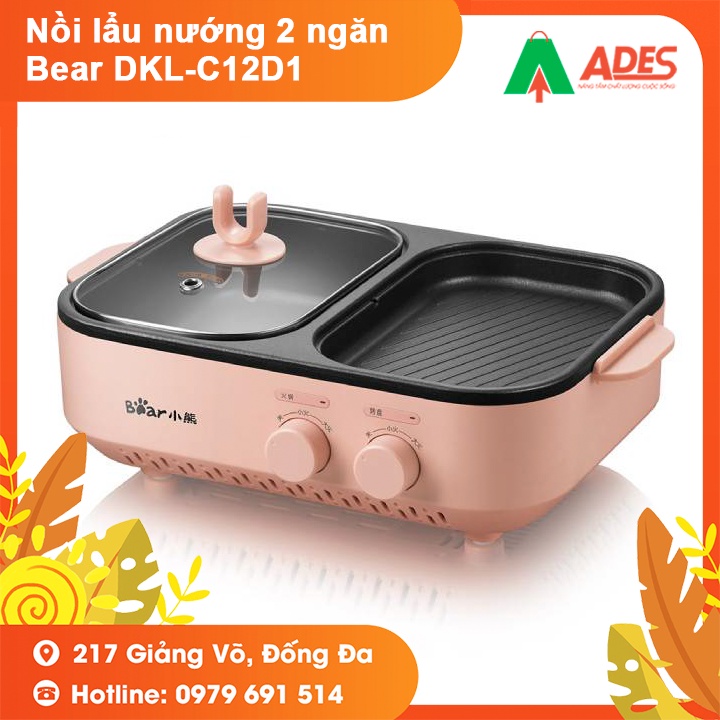 Nồi lẩu nướng Bear DKL-C12D1 - Bảo Hành Chính Hãng 1 Năm - Nồi Lẩu Nướng 2 in 1, Lẩu Đa Năng