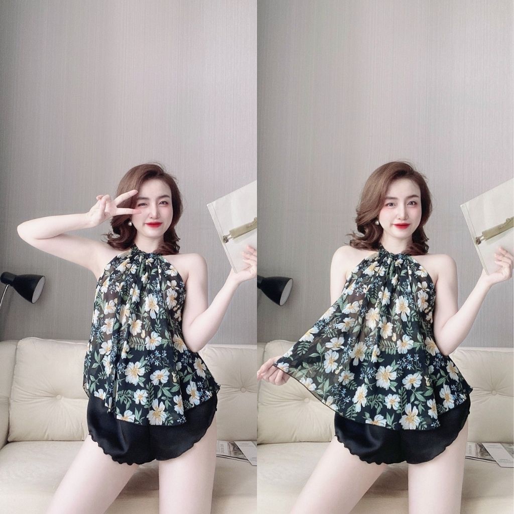 Đồ ngủ nữ sexy đồ bộ mặc nhà quần đùi cổ yếm chất luạ satin phối voan chiffon cao cấp