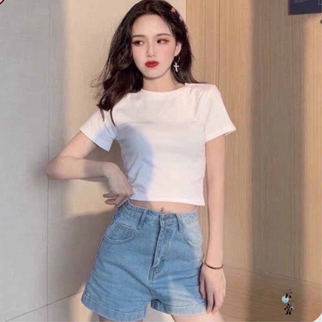 Áo croptop tay ngắn nữ ôm body Hagi clothings, Croptop Nữ trơn ngắn tay cổ tròn dáng ôm cổ tròn | BigBuy360 - bigbuy360.vn