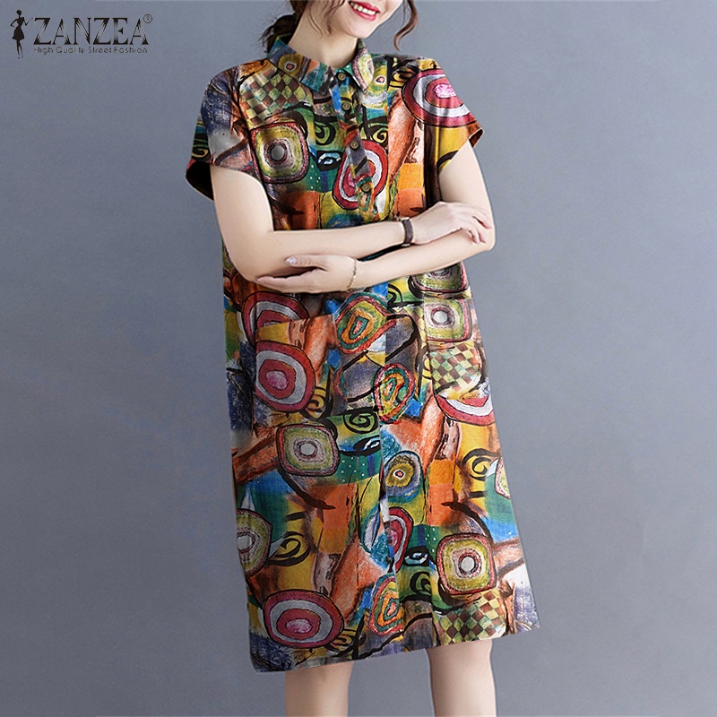 Đầm Zanzea tay ngắn dáng rộng in họa tiết vintage thời trang mùa hè cho nữ