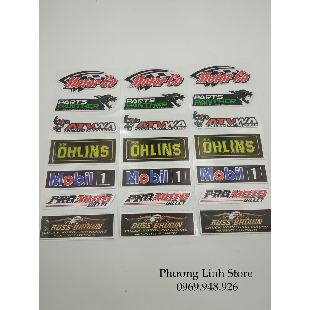 Combo 6 Tem dán phuộc, decal dán xe máy nhiều loại, logo dán xe Motor Go/ Russ Brown