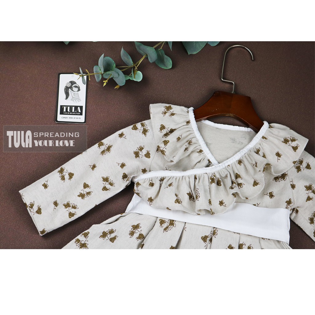 Váy Đầm Bé Gái Vải Thô Cào Bông Hàn Họa Tiết Hoa Nâu Thu Đông Cho Bé
