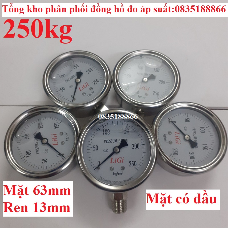 Đồng hồ đo áp suất khí nén hơi nước loại 250kg mặt 63mm chân đứng ren 13mm có dầu LiGi