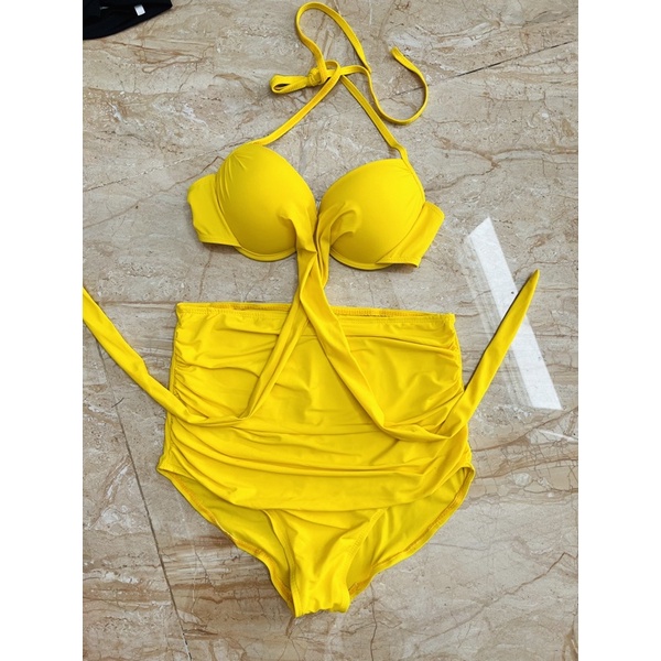 Đồ bơi bikini quần nhúng cạp cao che bụng áo ngực chéo dây