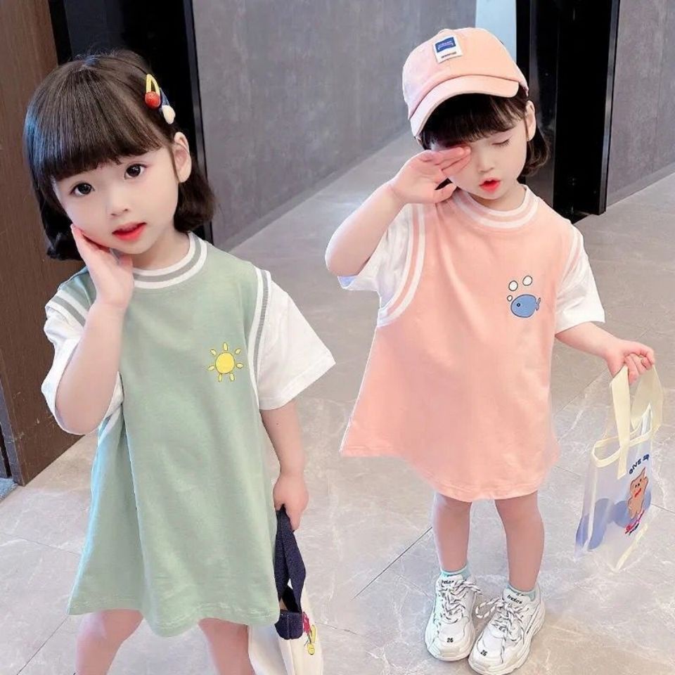 Đầm thun cotton tay ngắn thiết kế mới thời trang mùa hè theo phong cách Hàn Quốc dành cho bé gái