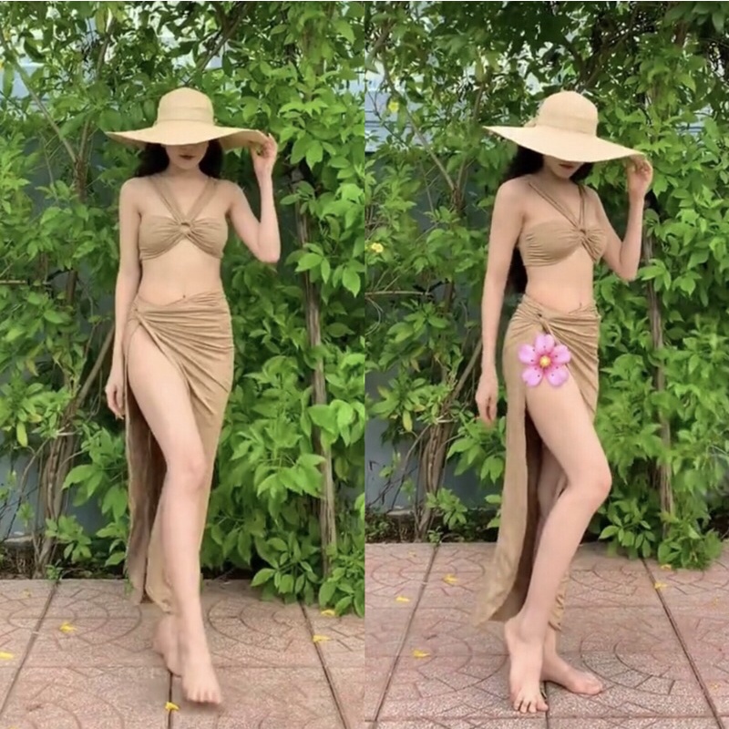 Set 3 bikini Hồ Ngọc Hà xanh cốm hottrend kèm áo váy choàng khoác ngoài SET08