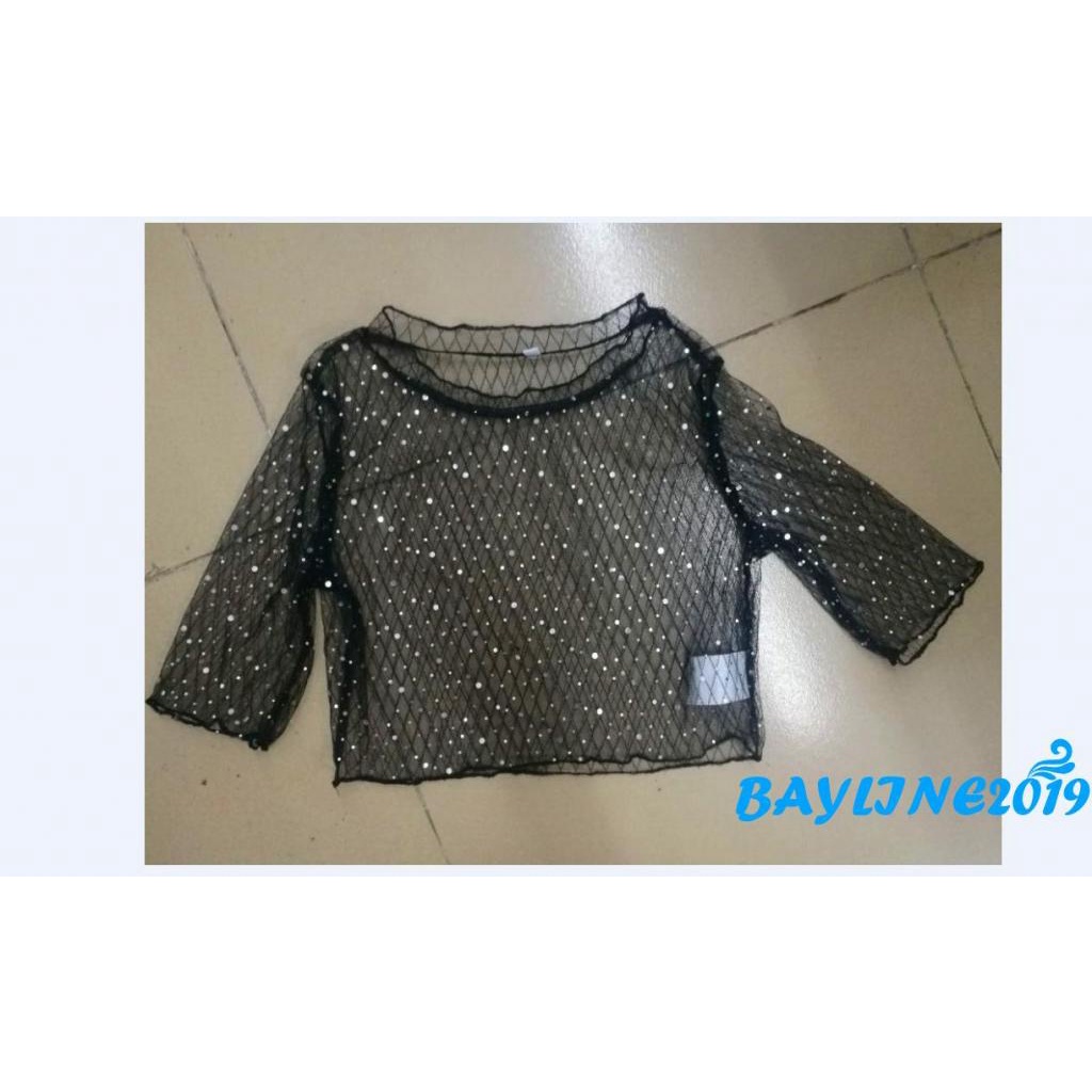 Áo Croptop Lưới Tay Lửng Xuyên Thấu Đính Kim Sa Lấp Lánh Dành Cho Nữ