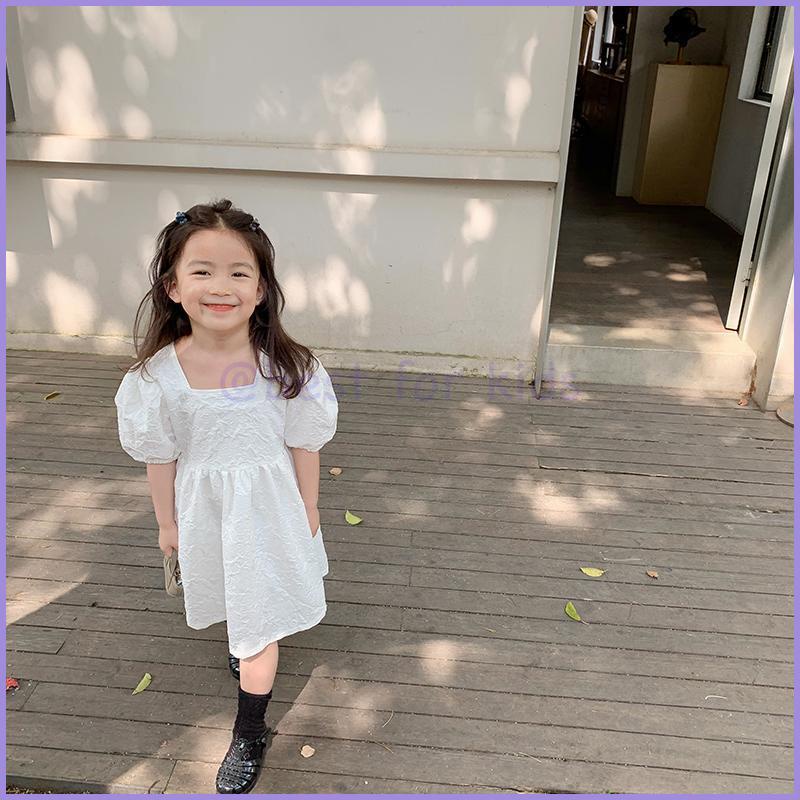 Đầm Cotton Trắng Cổ Vuông Dập Nổi Họa Tiết Búp Bê Thời Trang Mùa Hè Cho Bé Gái