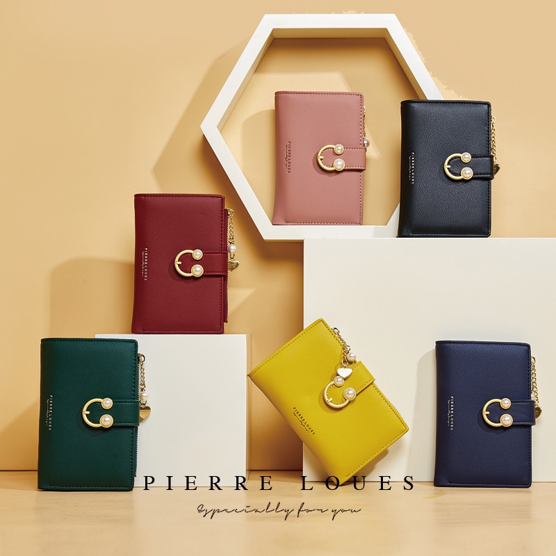 Ví cầm tay PIERRE LOUES dáng ngắn màu trơn phối khóa kéo thời trang thanh lịch cho nữ