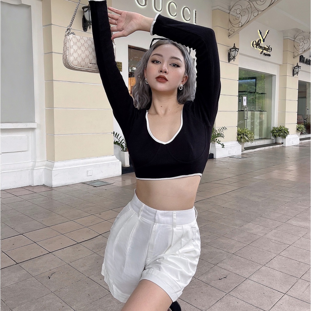 Áo croptop nữ body dài tay TOPTIFY thun gân cổ vuông viền ngực Peony Top AC210