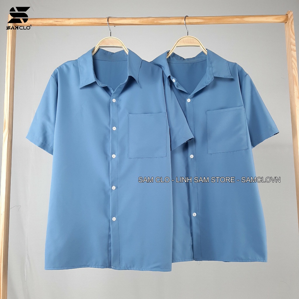 Áo sơ mi nữ cổ bẻ tay lỡ dáng ulzzang freesize form rộng unisex TRƠN MÀU XANH DƯƠNG