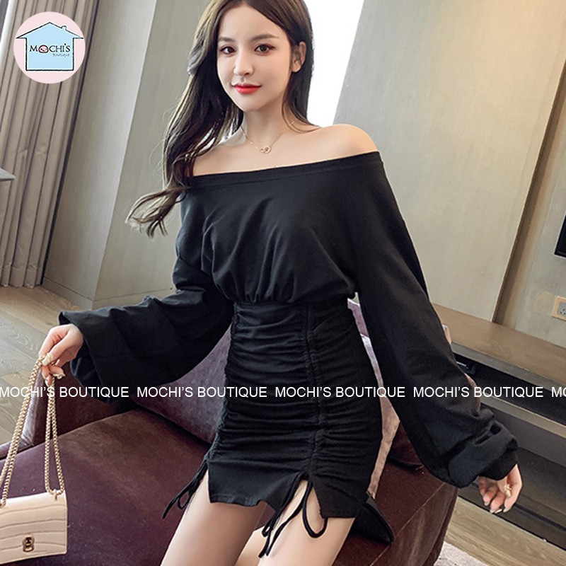 Váy đầm body dài tay lệch vai dây rút, mẫu Váy đầm len tăm body rút dây tôn dáng cực xinh -M027 | BigBuy360 - bigbuy360.vn