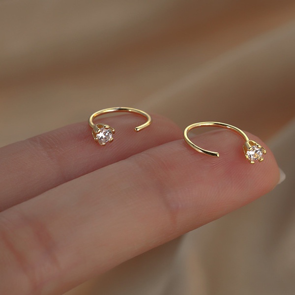 Khuyên tai RINHOO FRIENDSHIP mạ bạc 925 dạng chữ c đính đá zircon thời trang cho nữ