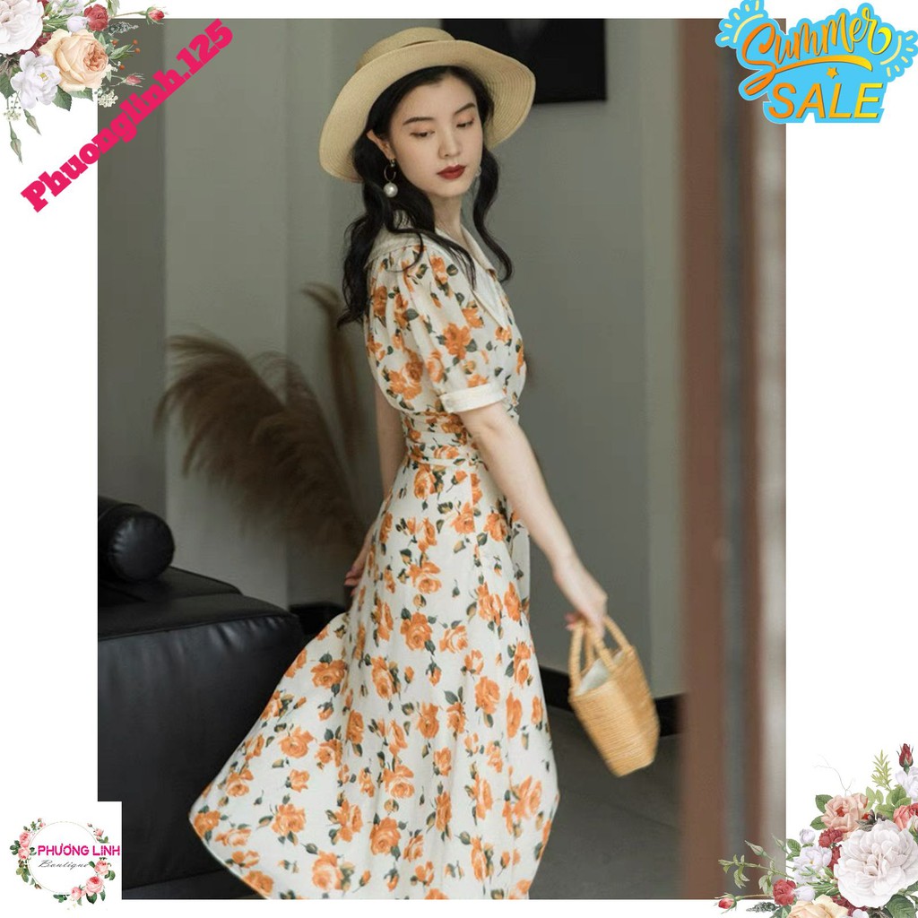 VÁY HOA VÀNG CAM PHỐI CÚC NGỌC VINTAGE | BigBuy360 - bigbuy360.vn