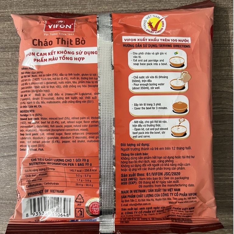 Cháo thịt bò  Vifon 70g