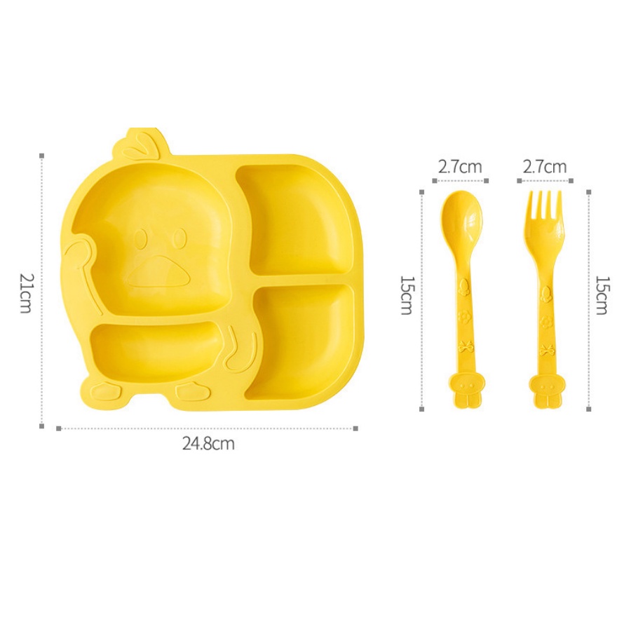 Khay Ăn Dặm Cho Bé Hình Vịt Vàng Có Ngăn Chia Thức Ăn Tiện Lợi Kèm Thìa Dĩa YOOTA BABY