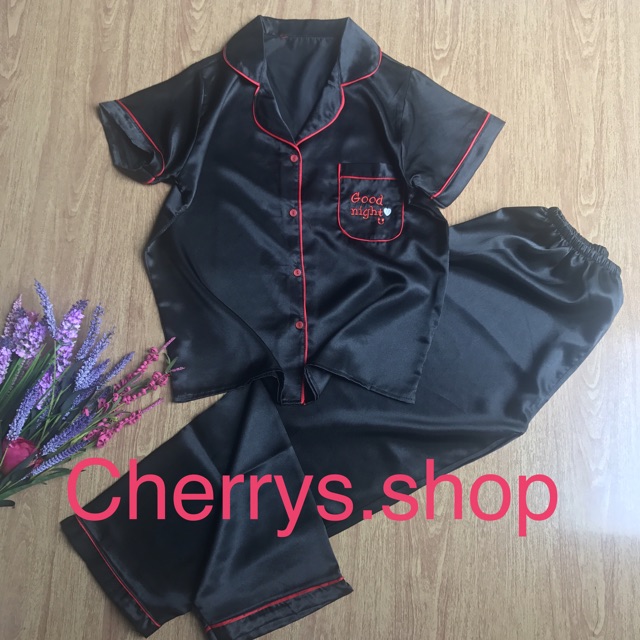 Đồ bộ pijama 60 kg trở xuống  phi lụa tay ngắn quần dài thêu chử goodnight