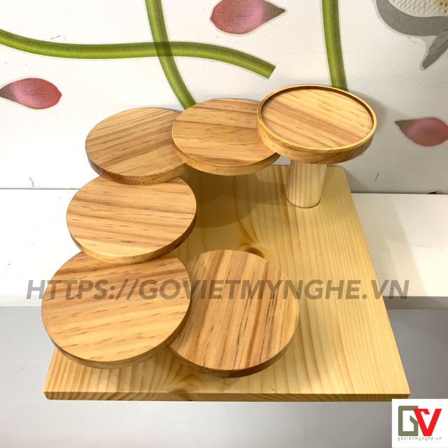 Khay gỗ sushi trang trí sushi món ăn Nhật hình bậc thang - khay gỗ bậc thang trang trí sushi - 5 tầng tròn