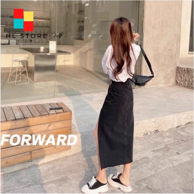 Chân Váy Denim Lưng Cao Xẻ Tà Quyến Rũ Cho Nữ | BigBuy360 - bigbuy360.vn