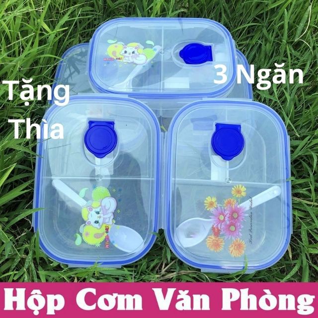 Hộp cơm văn phòng giữ nhiệt 3 ngăn kèm thìa có gioăng chống tràn