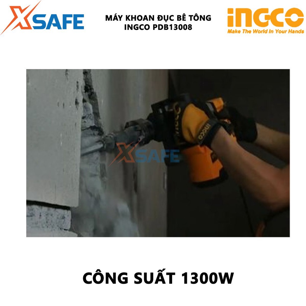 Máy đục bê tông INGCO PDB13008 - Điện thế 220-240V, dùng khoan đục các loại bê tông, tường ,nền, đất đá, lực đập 20J