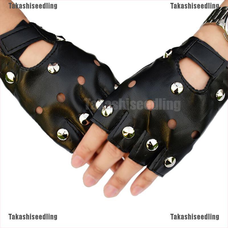 Găng tay da ngắn nửa ngón phối đinh tán thời trang cá tính