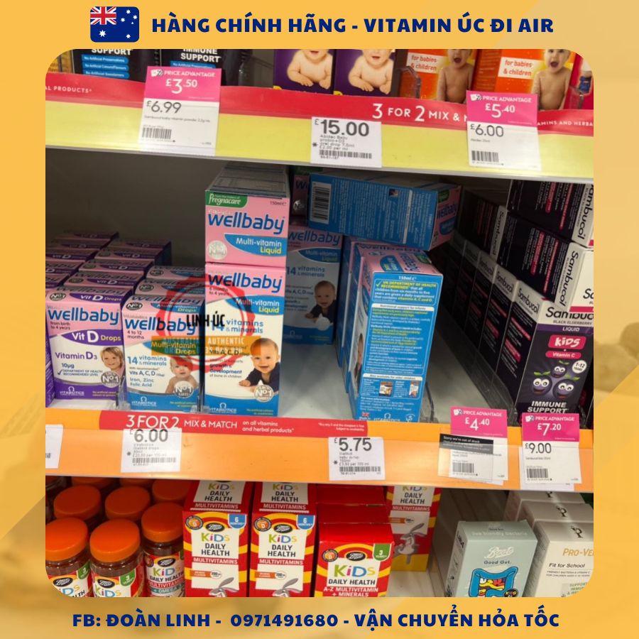 Vitamin tổng hợp wellbaby cho bé 150ml, Hàng chuẩn đi air, Uk, Date xa