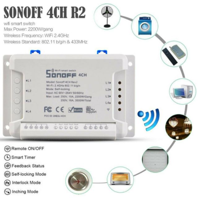 SONOFF 4CH R2, công tắc WIFI, điều khiển 4 thiết bị điện bằng smartphone