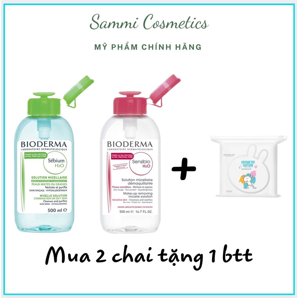 Nước tẩy trang BIODERMA màu xanh và hồng nắp nhấn dành cho da dầu mụn nhạy cảm chính hãng pháp 500ml