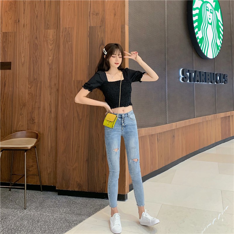 IELGY Áo Crop Top Tay Ngắn Vải Chiffon Thời Trang