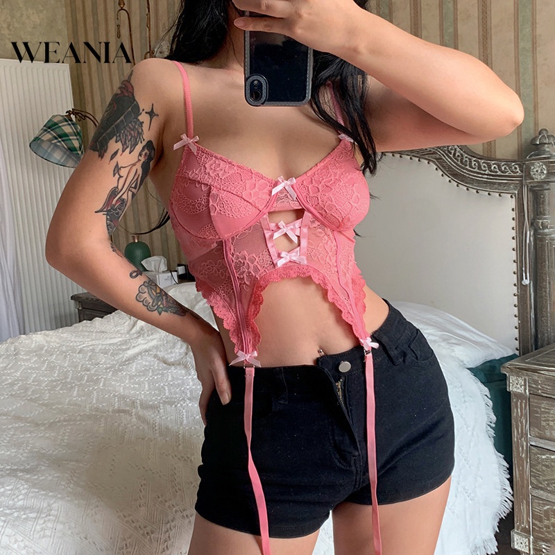 Áo croptop WEANIA màu hồng thiết kế hở lưng quyến rũ