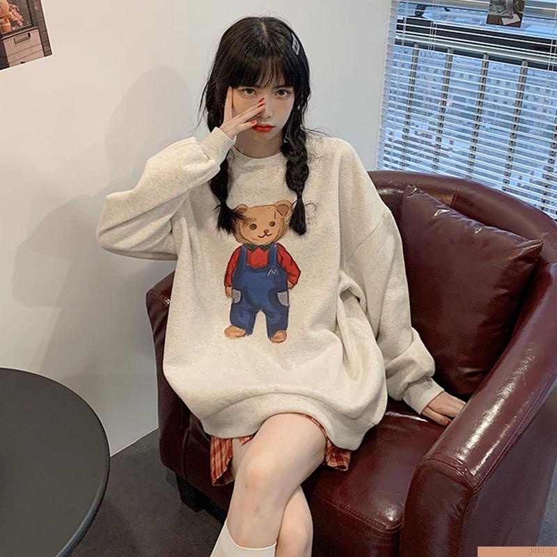 Áo nỉ nữ dài tay cổ tròn in hình hoạt hình dễ thương