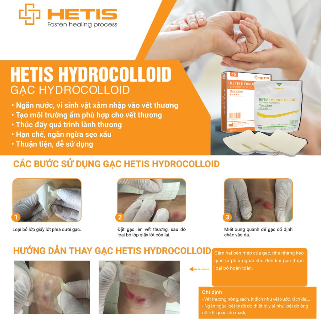 Miếng dán vết thương, vết trầy xước, vết mụn mủ, bong rộp gót chân Hetis Hydrocolloid 5x20cm (Giá 1 miếng)