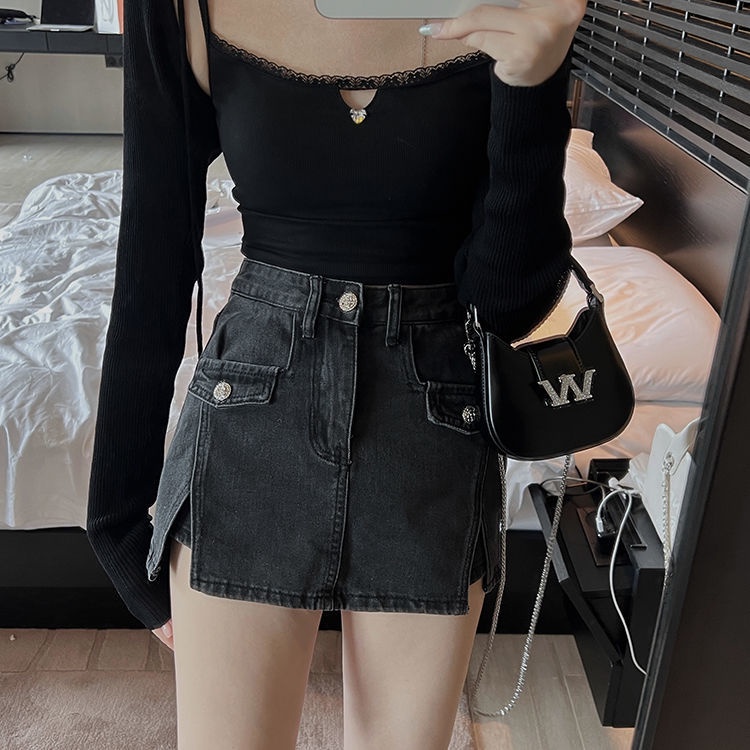 Quần đùi giả váy IELGY denim lưng cao thời trang quyến rũ dành cho nữ