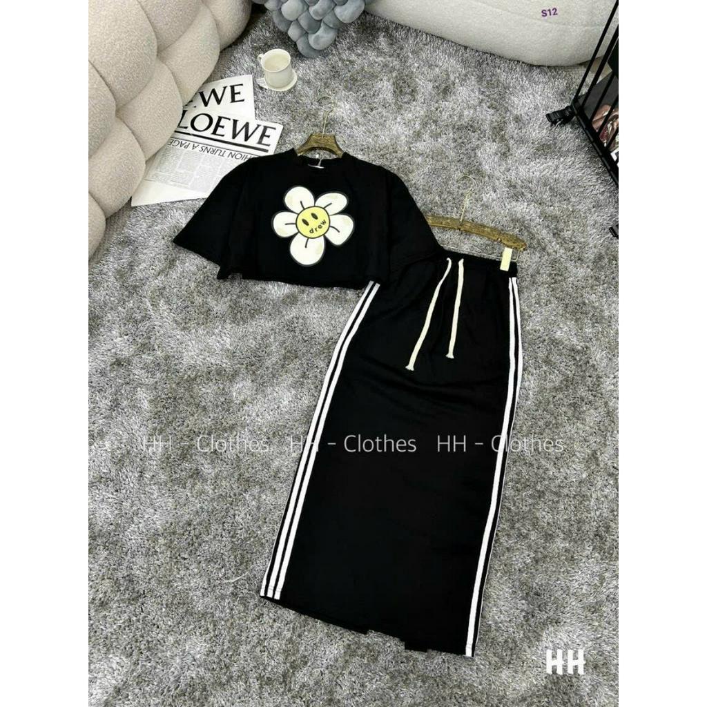 Sét bộ đồ nữ áo croptop tay ngắn cổ tròn họa tiết in hoa 3D trước ngực cực xinh mix chân váy kẻ sọc tôn dáng dư tiệc