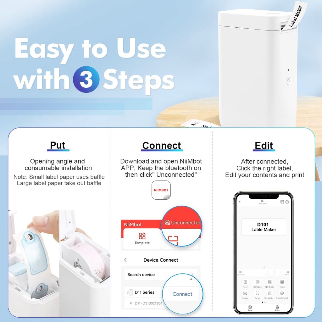 Bộ máy không dây và cuộn nhãn dán Niimbot D101 không mực in nhiệt (có bán lẻ)