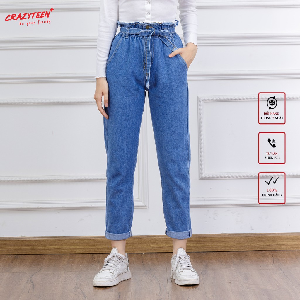 Quần jean nữ CRAZYTEEN dáng baggy lưng bo chun phối nơ trẻ trung K0075