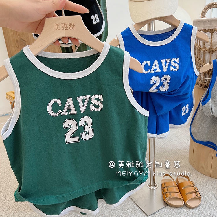 Bộ Áo Thun Sát Nách In Chữ + Quần Short Bóng Rổ Phong Cách Nhật Hàn Thời Trang Mùa Hè 2022 Cho Bé