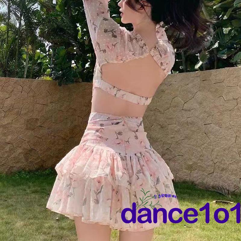 dance1o1-Women Summer Long Sleeve Deep V Neck Floral Crop Tops + Mini Skirt Set