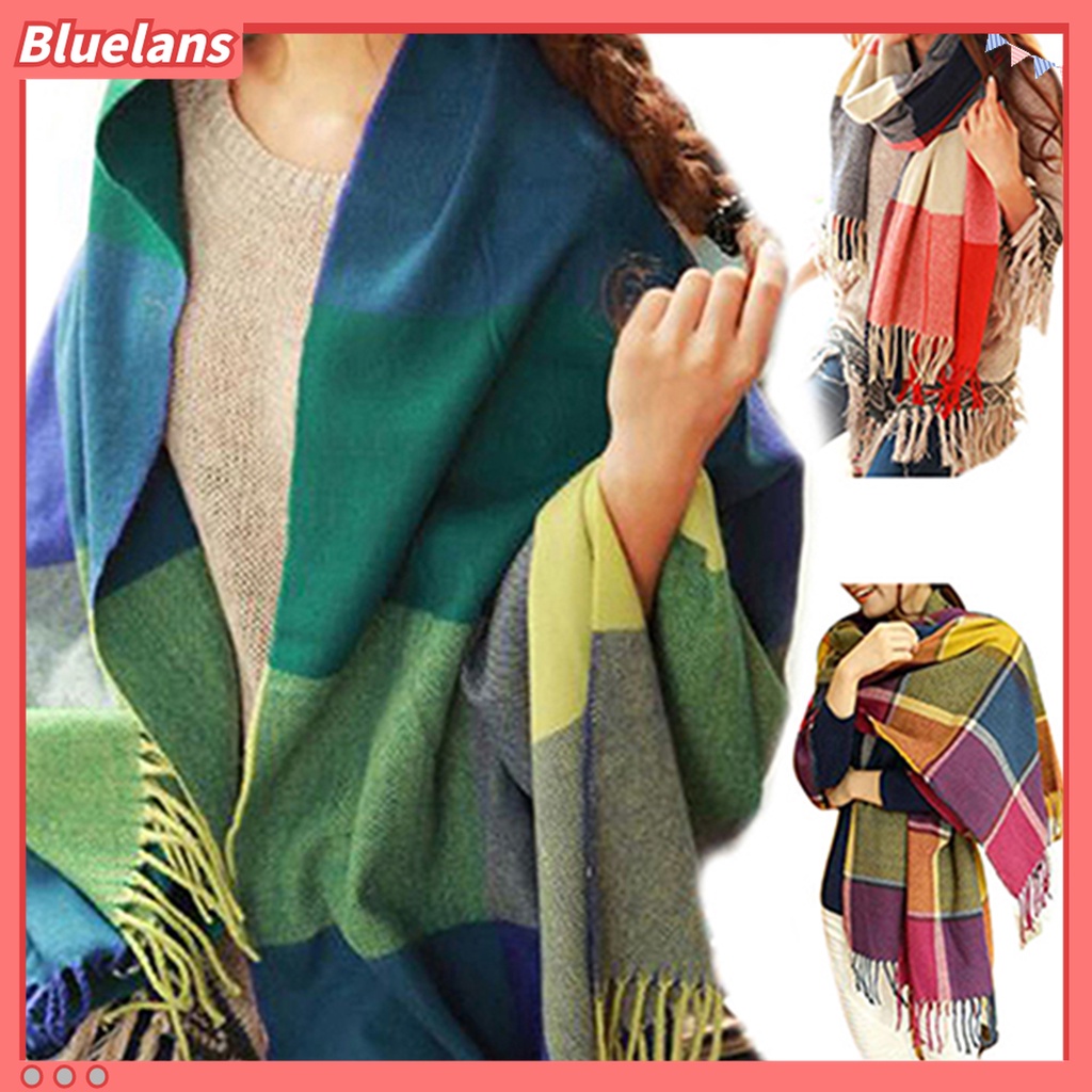 Khăn choàng cổ phối tua rua thời trang hoa văn caro