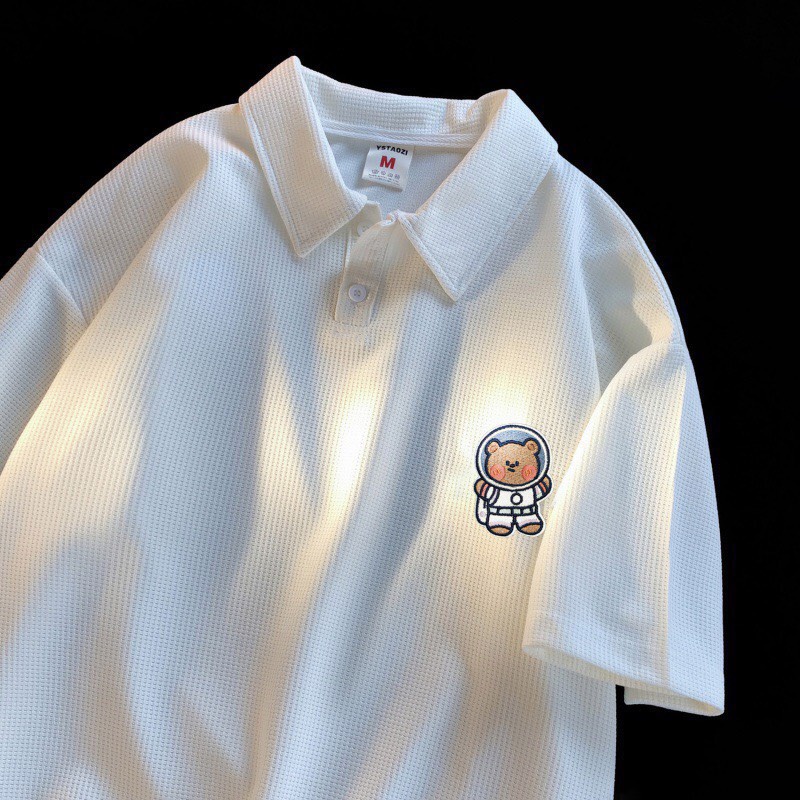 Áo polo nam nữ form rộng in hình gấu chất vải cotton cá sấu trẻ trung phong cách Hàn Quốc