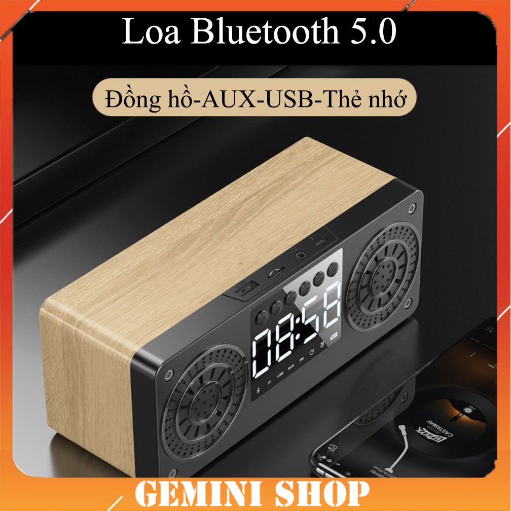 Loa Bluetooth gỗ 5.0 không dây A10 tích hợp đồng hồ báo thức , màn hình LED, hỗ trợ thẻ nhớ, USB GEMINI SHOP