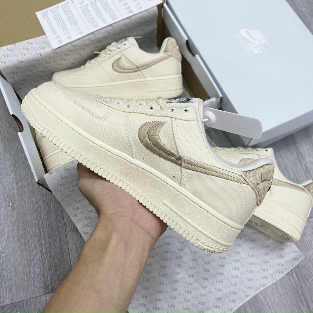 Giày Air Force 1 Stussy, Giày thể thao AF1 vải kem chất liệu canvas 100% bản đẹp
