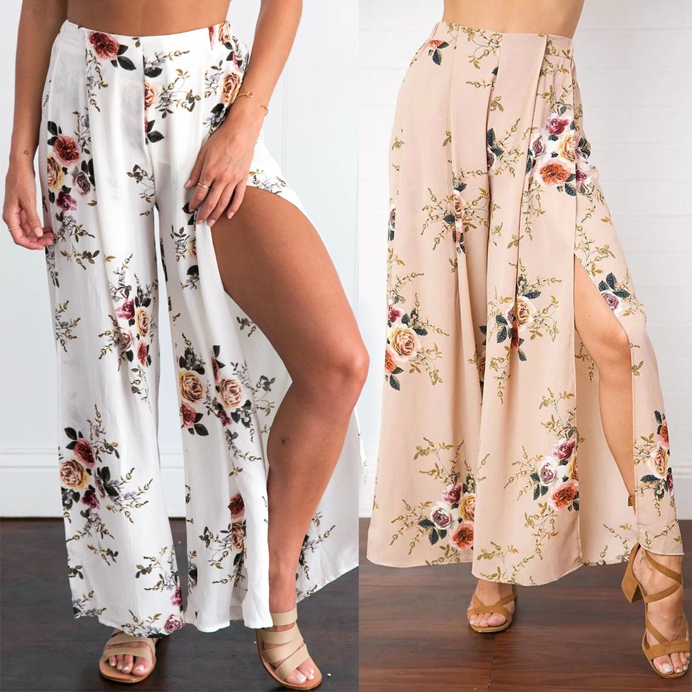 ♔Quần Palazzo Lưng Cao Ống Rộng Hoạ Tiết Hoa Phong Cách Bohomian
