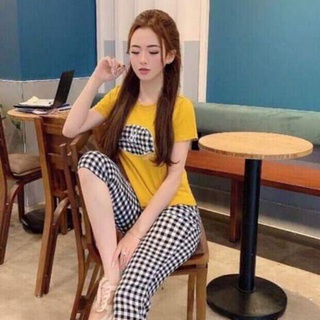 Đồ bộ nữ mặc nhà áo thun quần caro chất thô